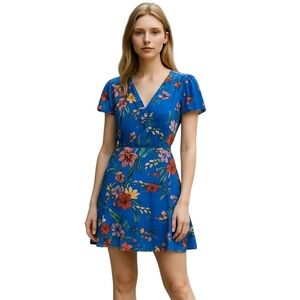 Parker Blue Silk Floral V-Neck Short Sleeve Ruffle Mini Dress XS Preowned